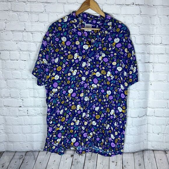 Peanuts Snoopy Floral Short Camp Hawaiian Blue Shirt Men’s Size XL - Picture 1 of 7